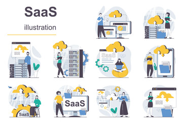 Poster - SaaS concept with character situations mega set. Bundle of scenes people using cloud processing or storage, database and programs access with subscription. Vector illustrations in flat web design