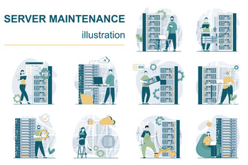Aufkleber - Server maintenance concept with character situations mega set. Bundle of scenes people working with server racks and computers, repairing and fixing connection. Vector illustrations in flat web design