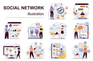 Aufkleber - Social network concept with character situations mega set. Bundle of scenes people surfing in social media, chatting with friends, posting photo, sharing links. Vector illustrations in flat web design