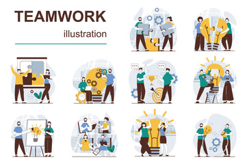 Aufkleber - Teamwork concept with character situations mega set. Bundle of scenes people working together at projects, supporting colleagues, cooperation and partnership. Vector illustrations in flat web design