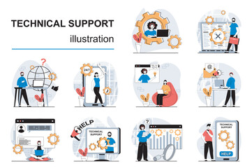 Poster - Technical support concept with character situations mega set. Bundle of scenes people consulting and helping clients, solving tech problems, answering calls. Vector illustrations in flat web design