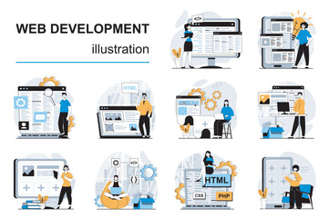 Leinwandbilder - Web development concept with character situations mega set. Bundle of scenes people making websites layouts, placing elements and content, coding and testing. Vector illustrations in flat design