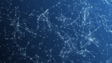 Dots and lines in the center blur in slow motion with a dark blue background, cybersecurity, and network wireframe technology background, polygons dot network connection