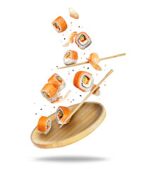 Wall Mural - Fresh sushi rolls with salmon falling on a wooden plate