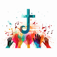 Wall Mural - Colorful christian cross music notes hands vector illustration