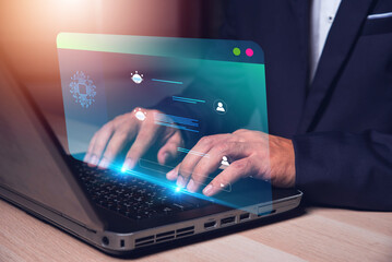 man using laptop Chat with Chatbot for information, Futuristic technology transformation, Chat with AI by command