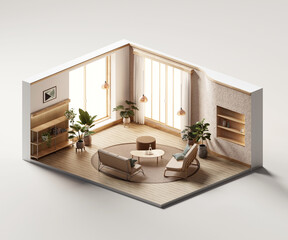 Isometric view living room muji style open inside interior architecture 3d rendering digital art