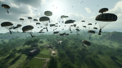 Visualize a thrilling airborne assault, with paratroopers descending from the sky, aircraft soaring overhead, and a chaotic battlefield unfolding below