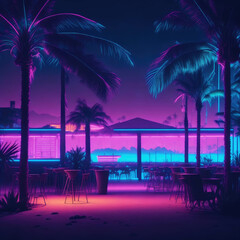 Wall Mural - Night Party Tropical Beach Club Bar Summer Fresh Neon Lights Retro Mood Blue Purple Orange Generative Ai