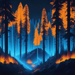 Wall Mural - Mountain Forest Pine Tall Trees Retro Style Neon Glowing Lights Dark Night Generative Ai