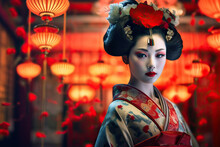 Portrait Of Fictional, Not Based On A Real Person Japanese Geisha. Generative AI