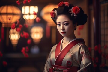 Portrait of fictional, not based on a real person japanese geisha. Generative AI