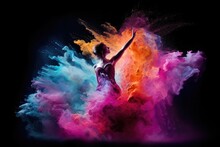 Beautiful Woman In Colorful Dress Dancing With Colorful Smoke On Black Background. Generated AI