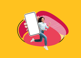 Online Store. Happy Young Woman Showing Big Blank Smartphone With White Screen