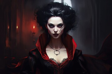 Portrait of gothic vampire queen with dark makeup, beautiful woman. Generative AI