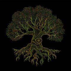 Aufkleber - Old big family tree with roots isolated on black. Concept Art for your design. Design interior ideas.