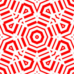 Red repeated geometric figures on white background. Seamless surface pattern design with symmetrical octagons and rectangles ornament. Polygons wallpaper. Geometrical motif. Digital paper.