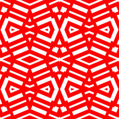 Wall Mural - White repeated geometric figures on red background. Seamless surface pattern design with rhombuses, triangles and rectangles ornament. Polygons wallpaper. Geometrical motif. Digital paper.