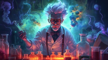 mad scientist or crazy professor character in science lab. generative ai