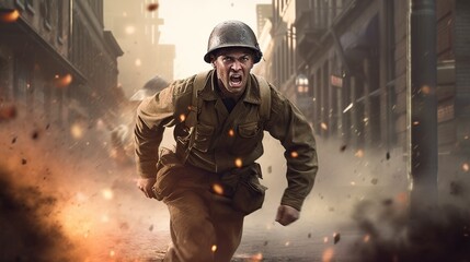 Portrait of ww2 soldier running on battlefield with explosions and fire. World War II. Generative AI