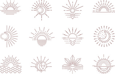 line boho moon and sun icons. outline gypsies sunburst design, bohemian symbols. sunset, yoga logo o