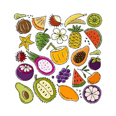 Sticker - Tropical fruits collection. Square shape background for your design.