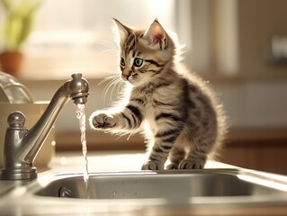 Wall Mural - Cat drinks water from the kitchen faucet. The benefits of water. Pet health. Cute, fluffy and funny kitten. Healthy food, diet for pets. No people. Light modern interior, white kitchen. Ai generative