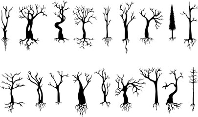 Wall Mural - Tree with roots black nature silhouettes. Isolated trees naked, empty branches decorative elements. Forest autumn, neoteric abstract vector clipart