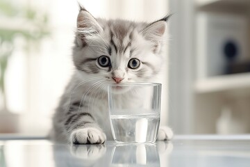 Wall Mural - Cat drinks water from a glass bowl. The benefits of water. Pet health. Cute, fluffy and funny kitten. Healthy food and diet for pets. No people. Light modern interior, white kitchen. Ai generative