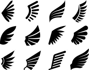 Poster - Isolated wings black icons, winged logo graphic element. Abstract success or fashion design, army badges minimal emblems decent vector set