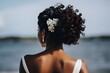 An African American Bride Stands With Her Back, Wedding Hairstyle for Black Women: AI Generated Image