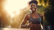 © TRAVELARIUM - Happy black woman jogging in morning park sunlight, portrait of running sportswoman early morning on park walkway, healthy lifestyle concept, attractive black female active in sports, generative AI