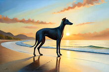 A Sleek And Elegant Greyhound Standing On A Sandy Beach, Overlooking A Serene Seascape With Crashing Waves.