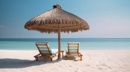 Wall Mural - Chairs And Umbrella In Tropical Beach. Beautiful tranquil white sand beach with two beach chair and thatched umbrella with copy space. AI generated