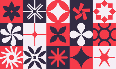 Poster - Abstract geometry mosaic artwork design with simple shapes and basic figures, pattern in Scandinavian style inspired by modernism aesthetics, vector illustration