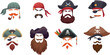 © ssstocker - Pirate masks. Carnival sea pirates faces mask, cartoon bandana corsair head sea pirate costume cap beard and hair for selfie filter or humor avatar, ingenious vector illustration