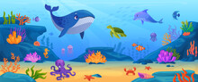 Seabed Animals. Underwater Animals In Ocean, Cartoon Undersea Creatures At Sea Bottom Coral Reef Stone Plant, Under Water World Marine Habitat Life, Ingenious Vector Illustration