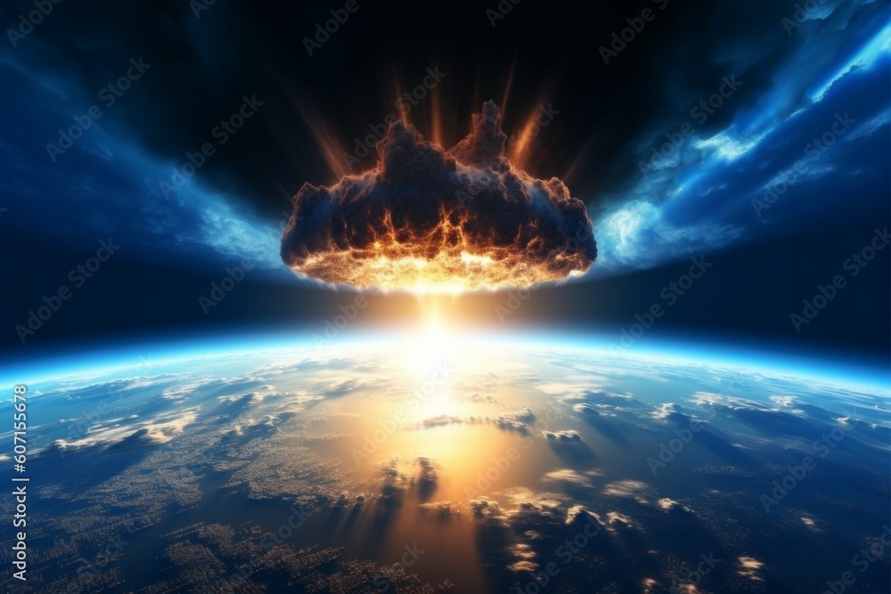Nuclear explosion view from space. The concept of thermonuclear war. AI ...