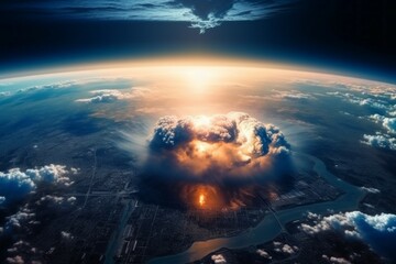 Wall Mural - Nuclear explosion, satellite view. The concept of thermonuclear war. AI generated, human enhanced