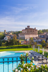 Canvas Print - Castle and town with vineyard in Barolo, Langhe region, Piedmont, Italy