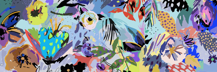 Wall Mural - Creative universal artistic header.  Floral background. Hand Drawn textures. Vector