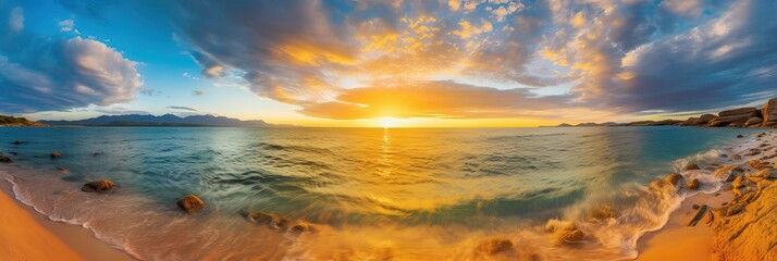 Wall Mural - Sunset paints the sky in vibrant hues as a golden beach stretches along the sparkling azure waters. Generative AI.