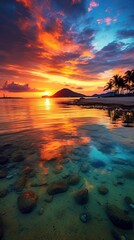 Wall Mural - Sunset paints the sky in vibrant hues as a golden beach stretches along the sparkling azure waters. Generative AI.
