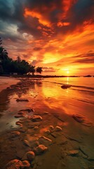 Wall Mural - Sunset paints the sky in vibrant hues as a golden beach stretches along the sparkling azure waters. Generative AI.