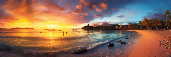 Wall Mural - Sunset paints the sky in vibrant hues as a golden beach stretches along the sparkling azure waters. Generative AI.