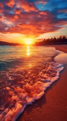 Wall Mural - Sunset paints the sky in vibrant hues as a golden beach stretches along the sparkling azure waters. Generative AI.
