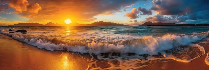 Wall Mural - Sunset paints the sky in vibrant hues as a golden beach stretches along the sparkling azure waters. Generative AI.