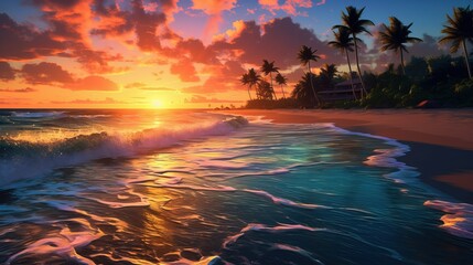 Wall Mural - Sunset paints the sky in vibrant hues as a golden beach stretches along the sparkling azure waters. Generative AI.