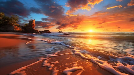 Wall Mural - Sunset paints the sky in vibrant hues as a golden beach stretches along the sparkling azure waters. Generative AI.