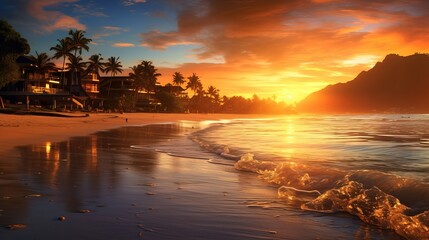 Wall Mural - Sunset paints the sky in vibrant hues as a golden beach stretches along the sparkling azure waters. Generative AI.